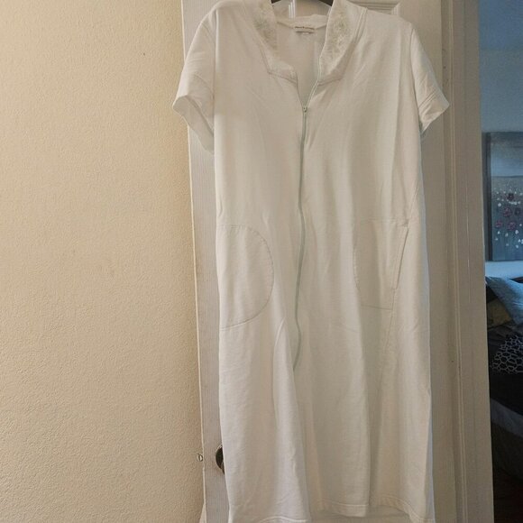 Miss Elaine white robe green floral embroidery pockets zip up L - Picture 10 of 12